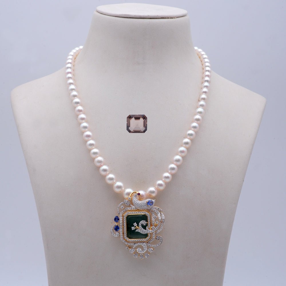 Pearl Necklace with Diamond Pendant and Interchangeable Emerald, Ruby, Sapphire and Tanzanite