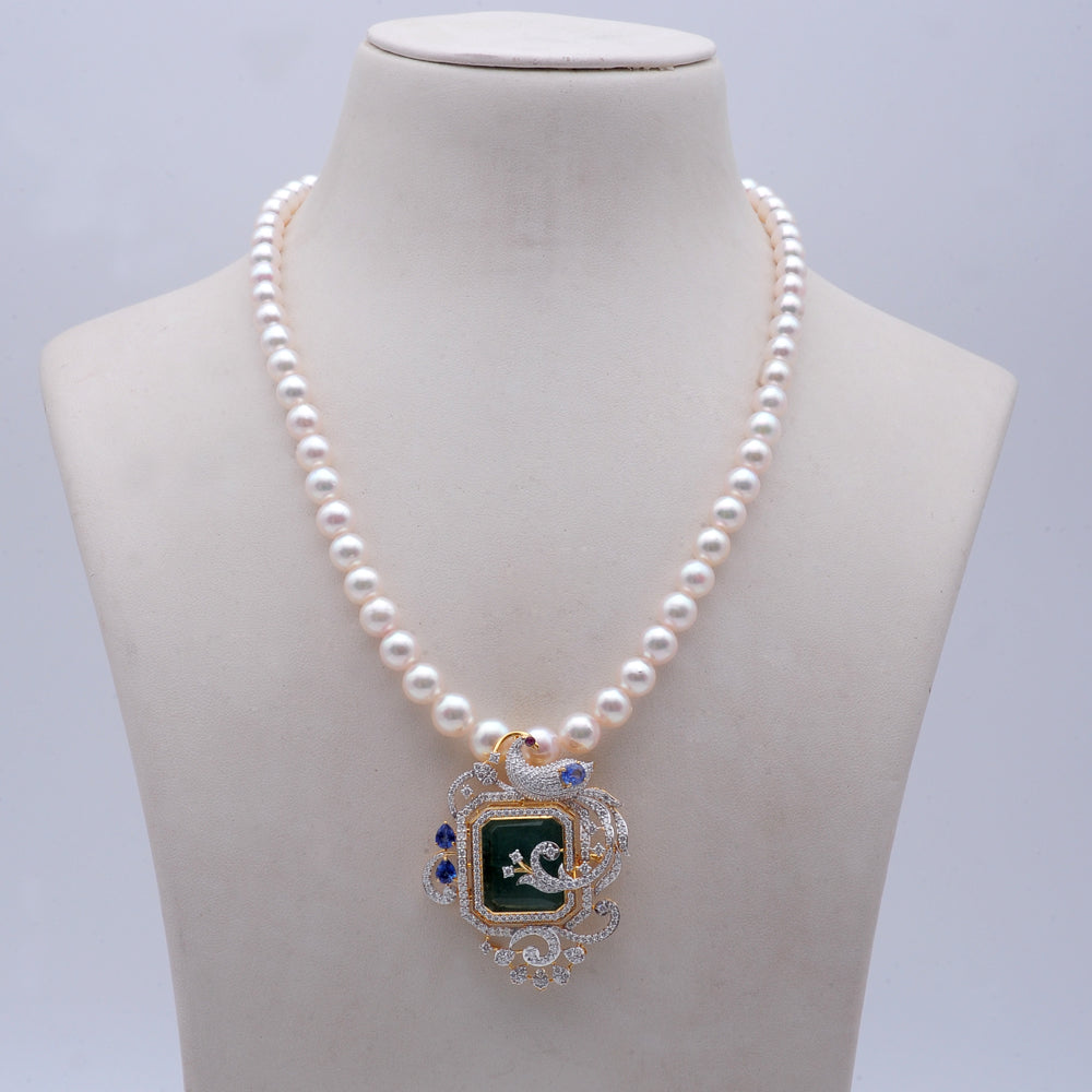 Pearl Necklace with Diamond Pendant and Interchangeable Emerald, Ruby, Sapphire and Tanzanite