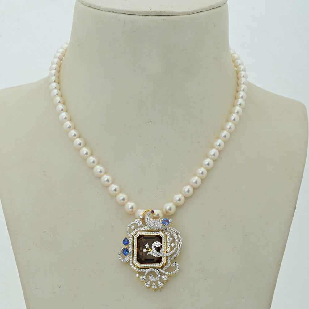 Pearl Necklace with Diamond Pendant and Interchangeable Emerald, Ruby, Sapphire and Tanzanite