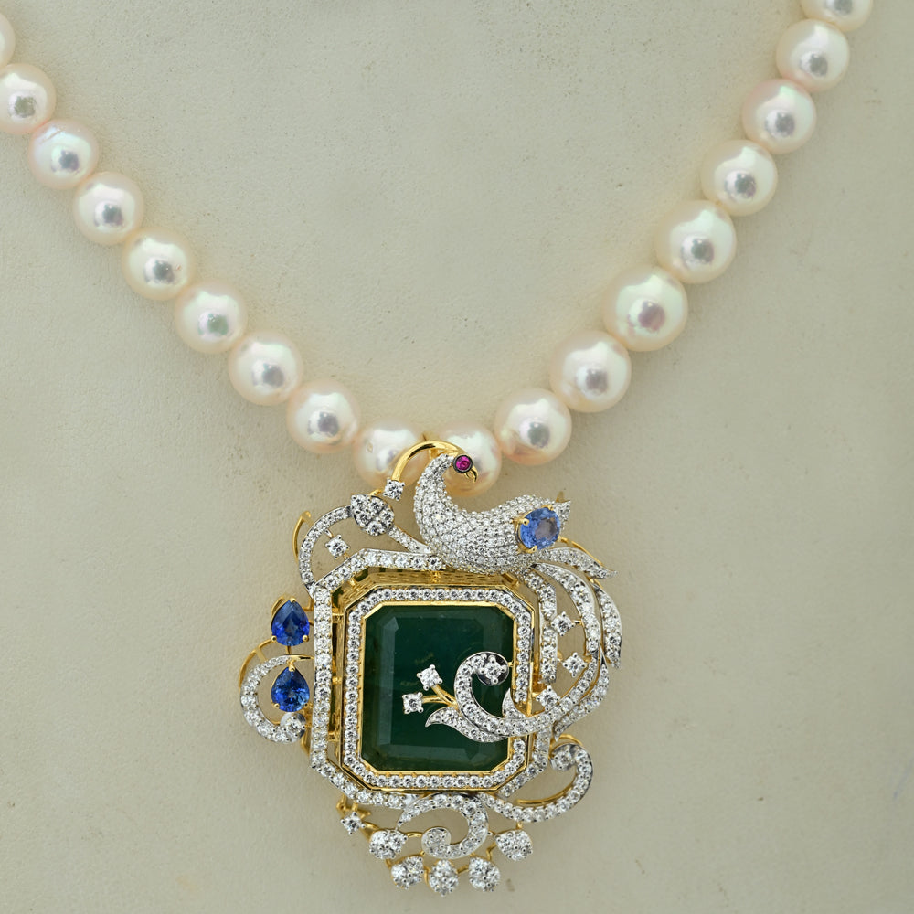 Pearl Necklace with Diamond Pendant and Interchangeable Emerald, Ruby, Sapphire and Tanzanite