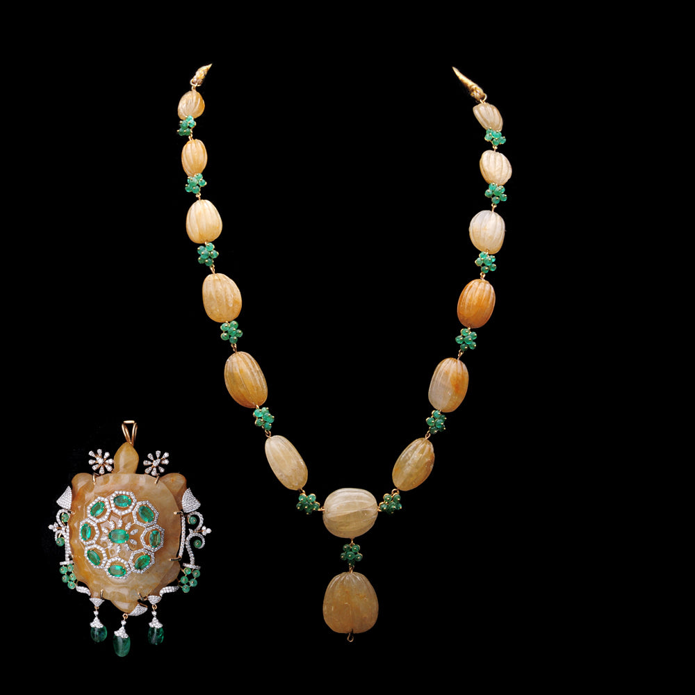 Diamond Turtle Necklace with Natural Emeralds and Sapphires With Earring