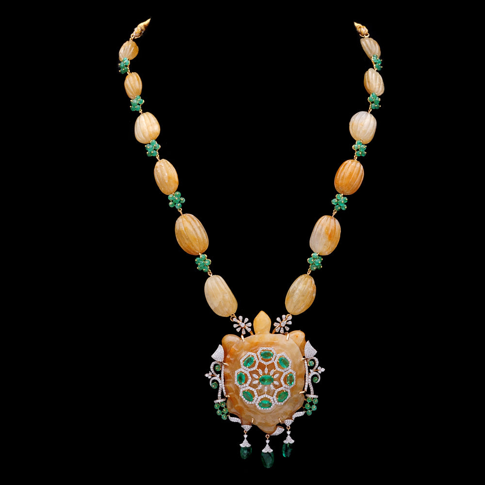 Diamond Turtle Necklace with Natural Emeralds and Sapphires With Earring