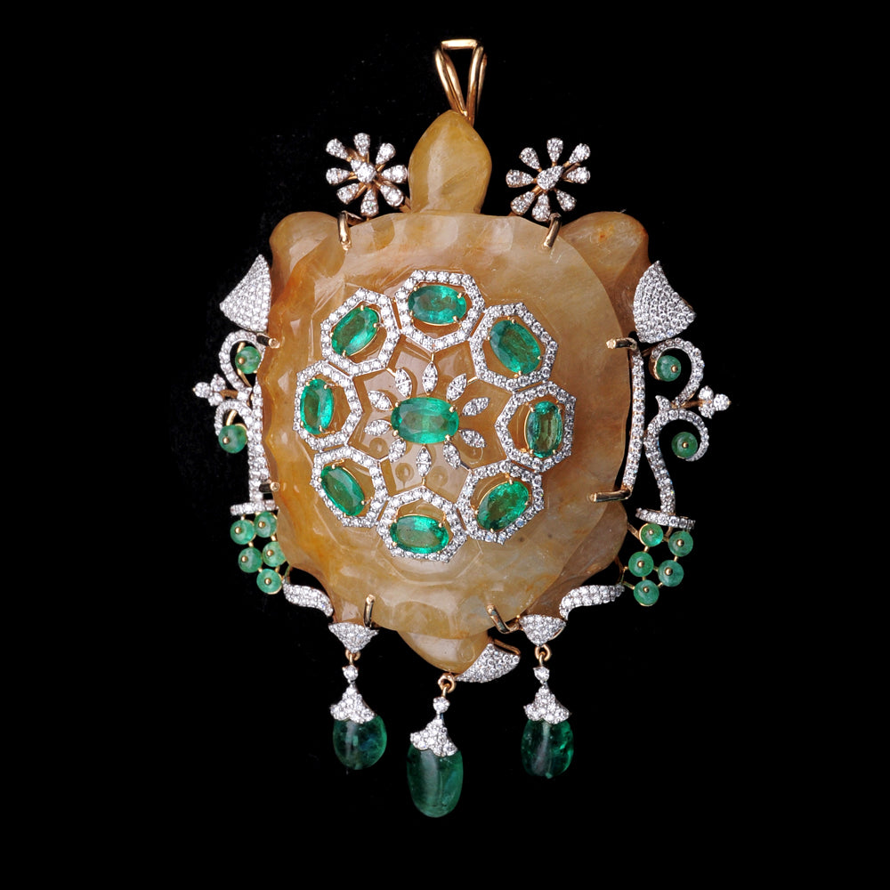 Diamond Turtle Necklace with Natural Emeralds and Sapphires With Earring