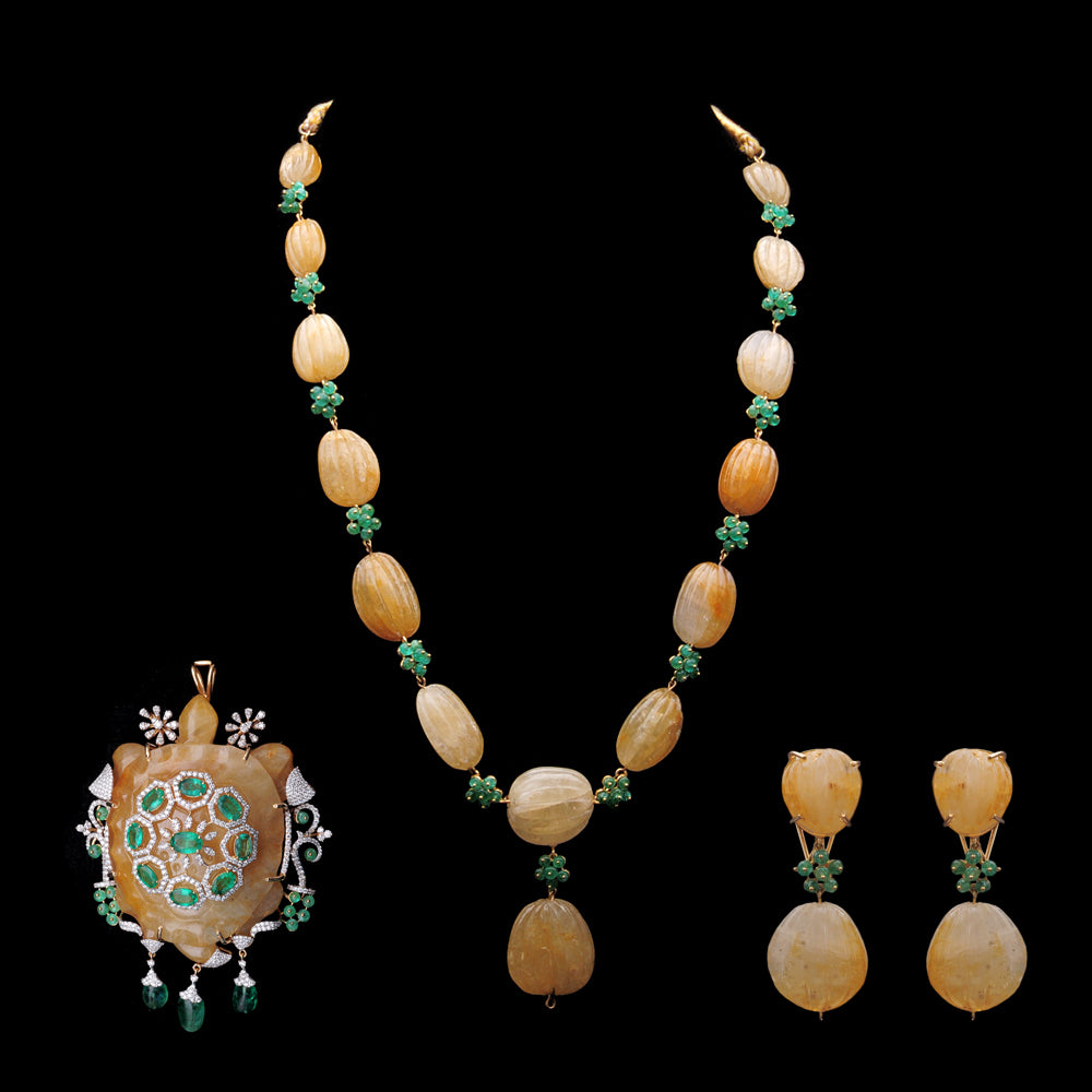 Diamond Turtle Necklace with Natural Emeralds and Sapphires With Earring