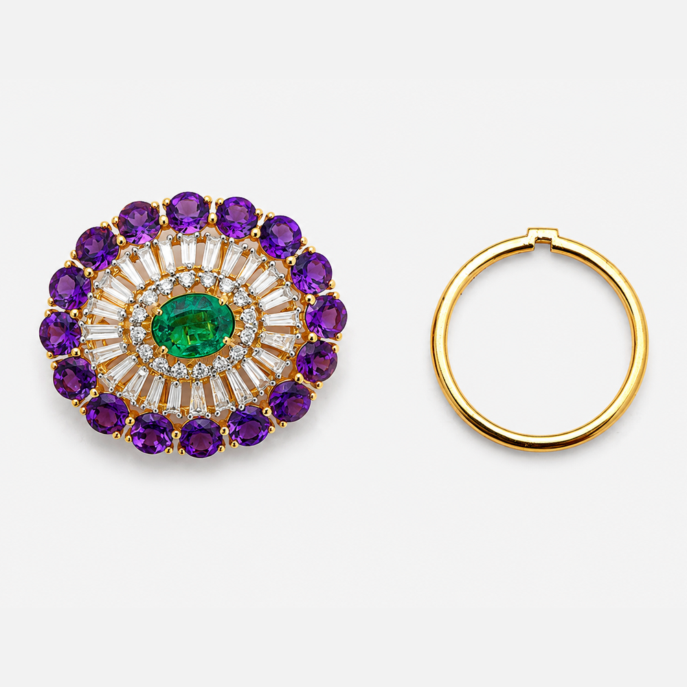 Diamond Floral Cocktail Ring With Natural Emerald And Amethysts