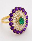 Diamond Floral Cocktail Ring With Natural Emerald And Amethysts