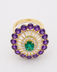 Diamond Floral Cocktail Ring With Natural Emerald And Amethysts