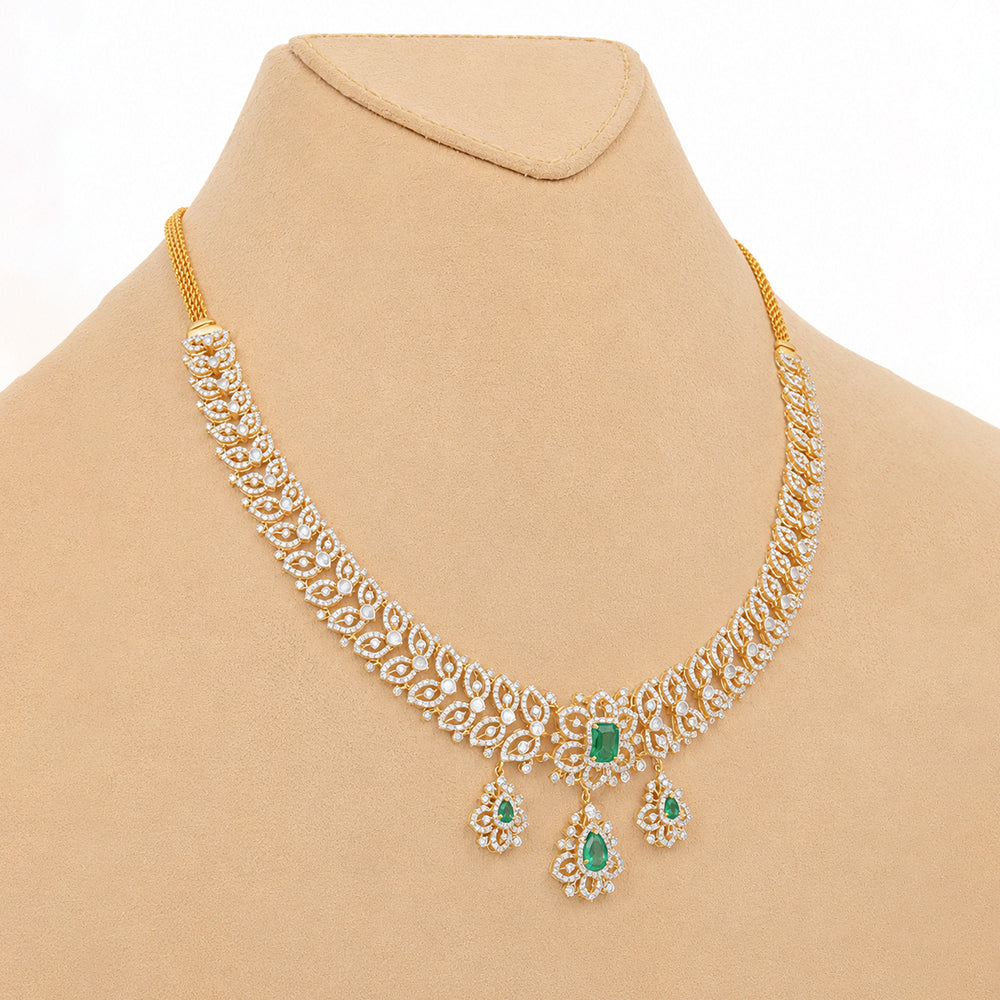 Diamond Necklace with Natural Emerald Drops With Earring Set