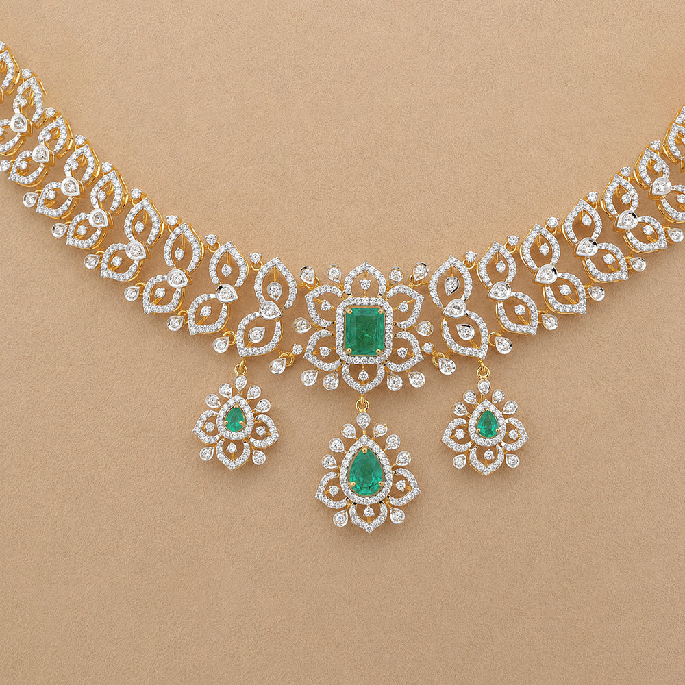 Diamond Necklace with Natural Emerald Drops With Earring Set