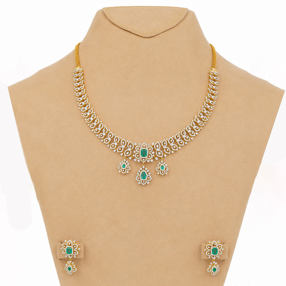 Diamond Necklace with Natural Emerald Drops With Earring Set