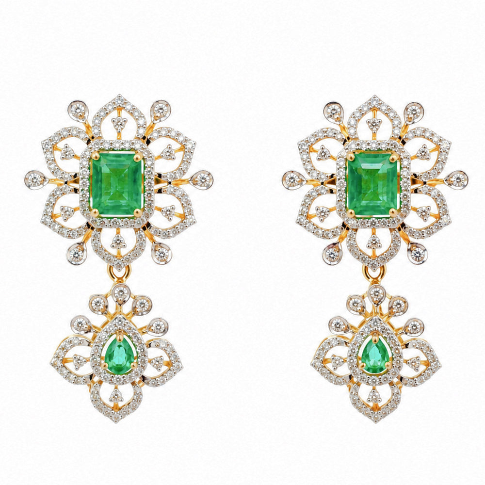 Diamond Necklace with Natural Emerald Drops With Earring Set