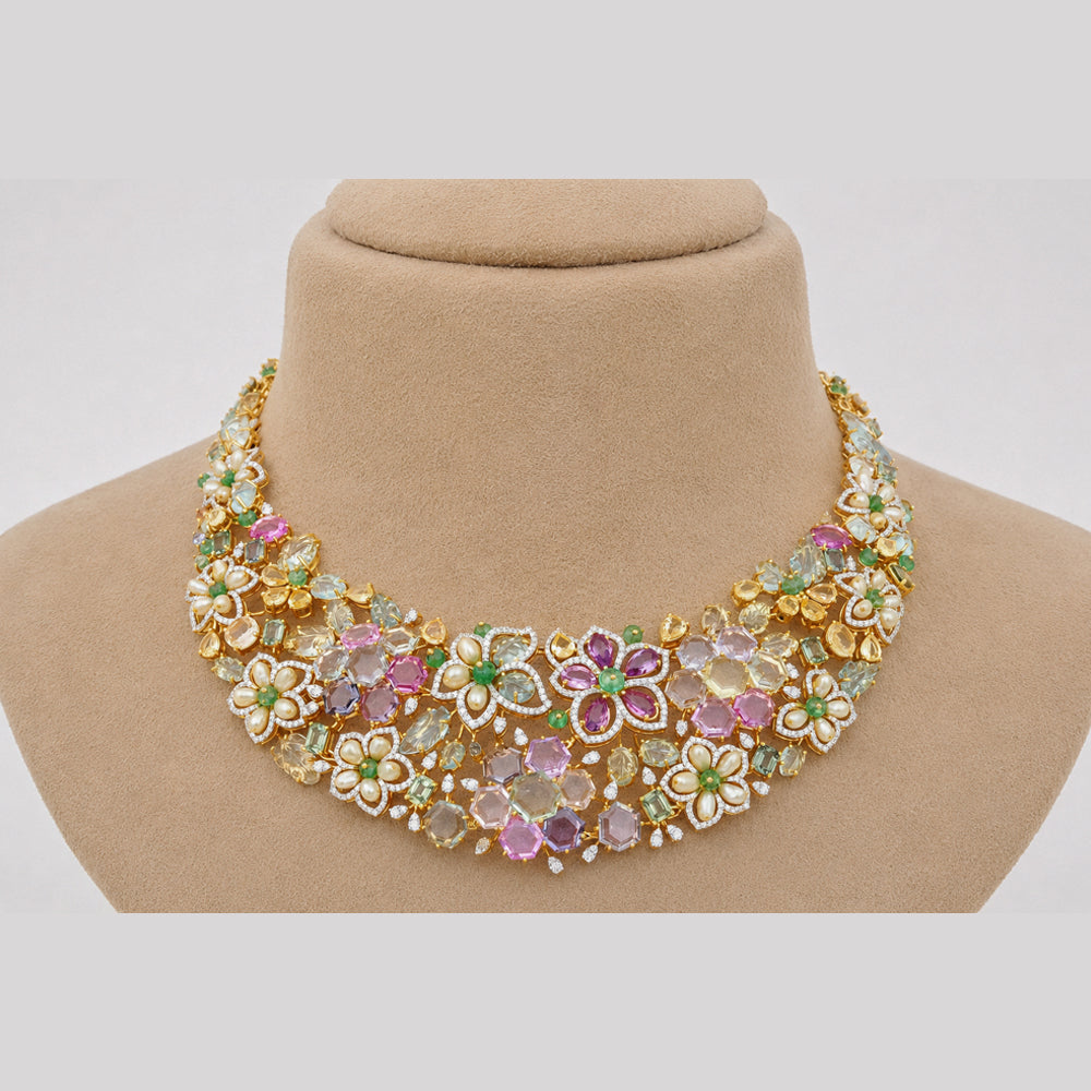 Diamond Floral Necklace With Natural Emerald, Sapphire, Amethyst And Pearls With Earring Set