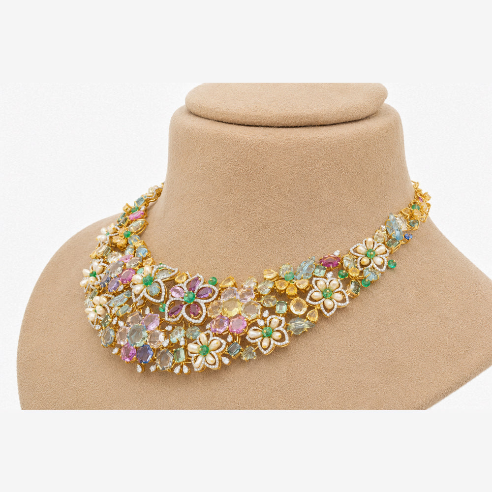 Diamond Floral Necklace With Natural Emerald, Sapphire, Amethyst And Pearls With Earring Set