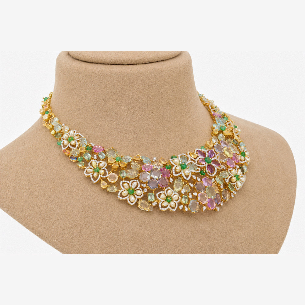 Diamond Floral Necklace With Natural Emerald, Sapphire, Amethyst And Pearls With Earring Set