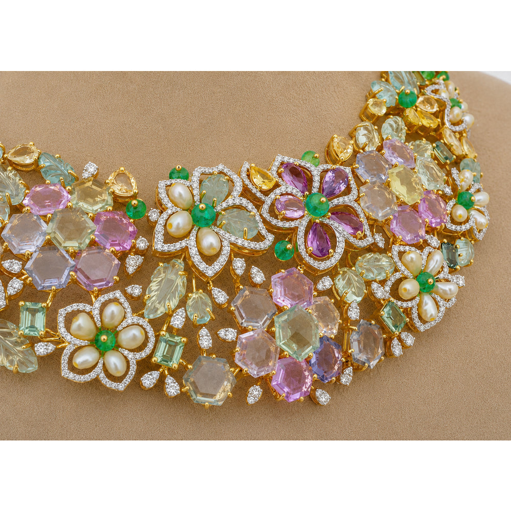 Diamond Floral Necklace With Natural Emerald, Sapphire, Amethyst And Pearls With Earring Set