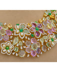 Diamond Floral Necklace With Natural Emerald, Sapphire, Amethyst And Pearls With Earring Set