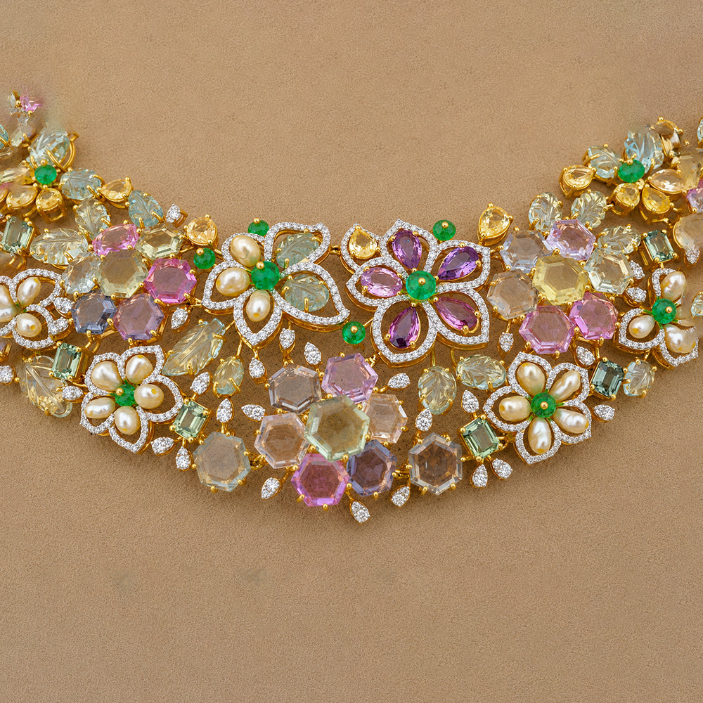 Diamond Floral Necklace With Natural Emerald, Sapphire, Amethyst And Pearls With Earring Set