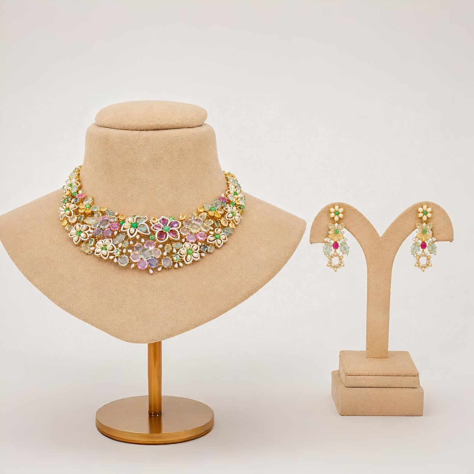Diamond Floral Necklace With Natural Emerald, Sapphire, Amethyst And Pearls With Earring Set