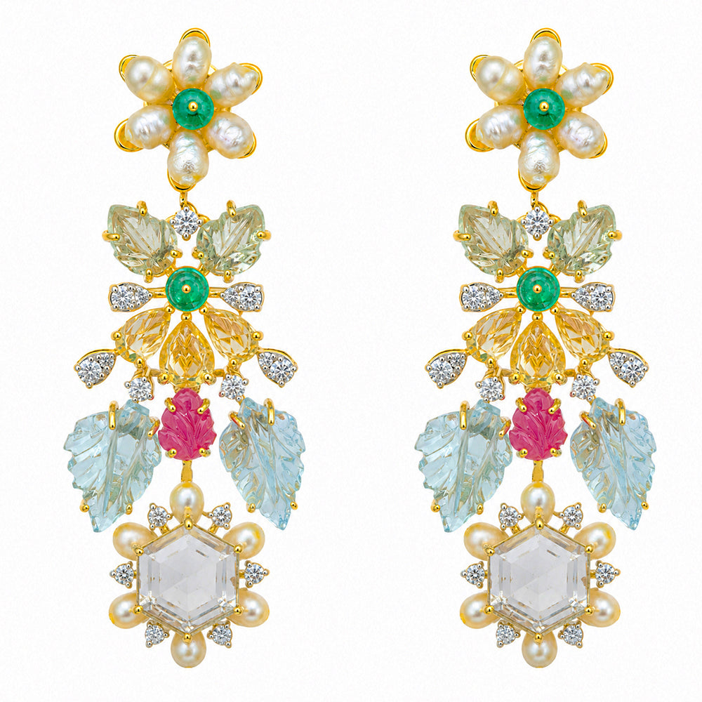 Diamond Floral Necklace With Natural Emerald, Sapphire, Amethyst And Pearls With Earring Set