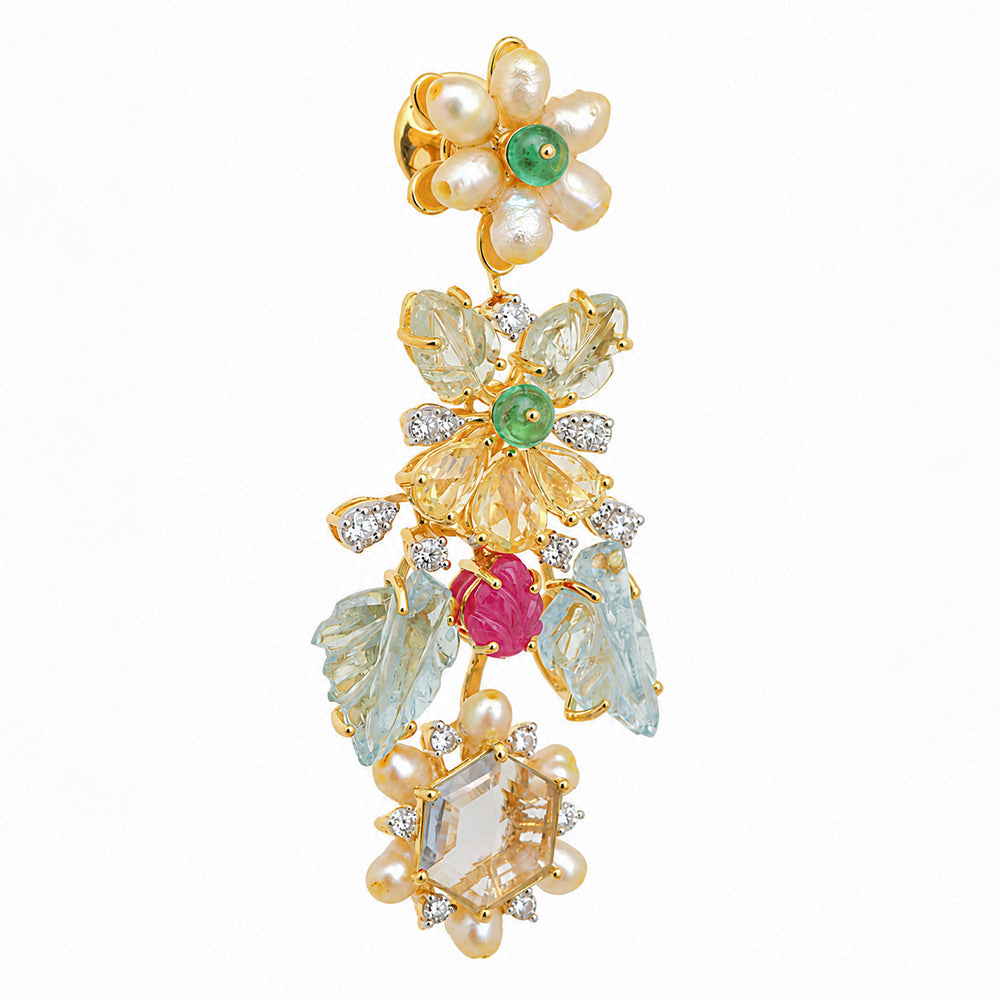 Diamond Floral Necklace With Natural Emerald, Sapphire, Amethyst And Pearls With Earring Set