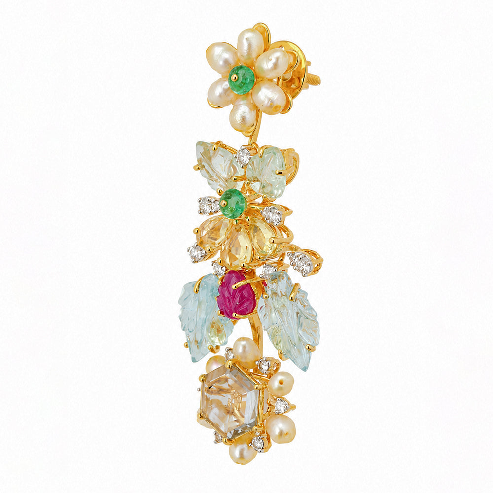 Diamond Floral Necklace With Natural Emerald, Sapphire, Amethyst And Pearls With Earring Set