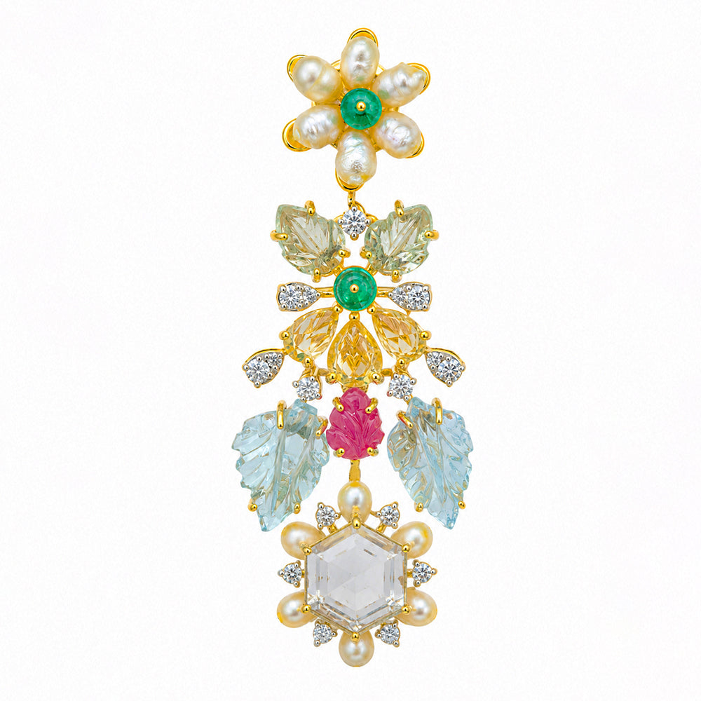 Diamond Floral Necklace With Natural Emerald, Sapphire, Amethyst And Pearls With Earring Set