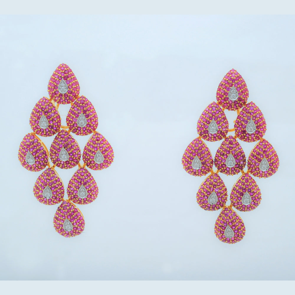 Diamond Earrings with Ruby-Studded Teardrops and Pavé Diamond Accents