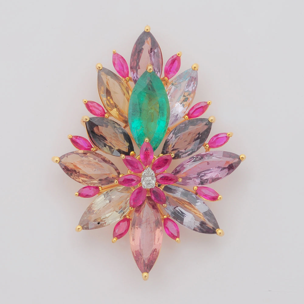 Diamond Pendant With Emeralds, Rubies And Sapphires in a Floral Design
