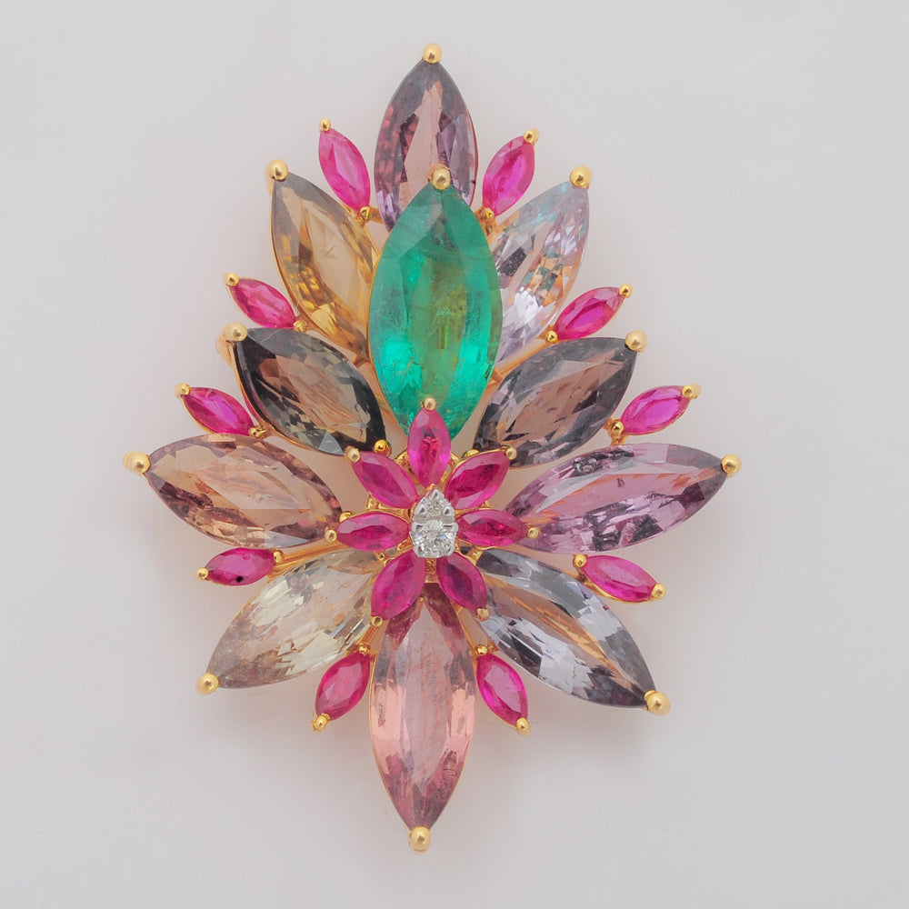 Diamond Pendant With Emeralds, Rubies And Sapphires in a Floral Design