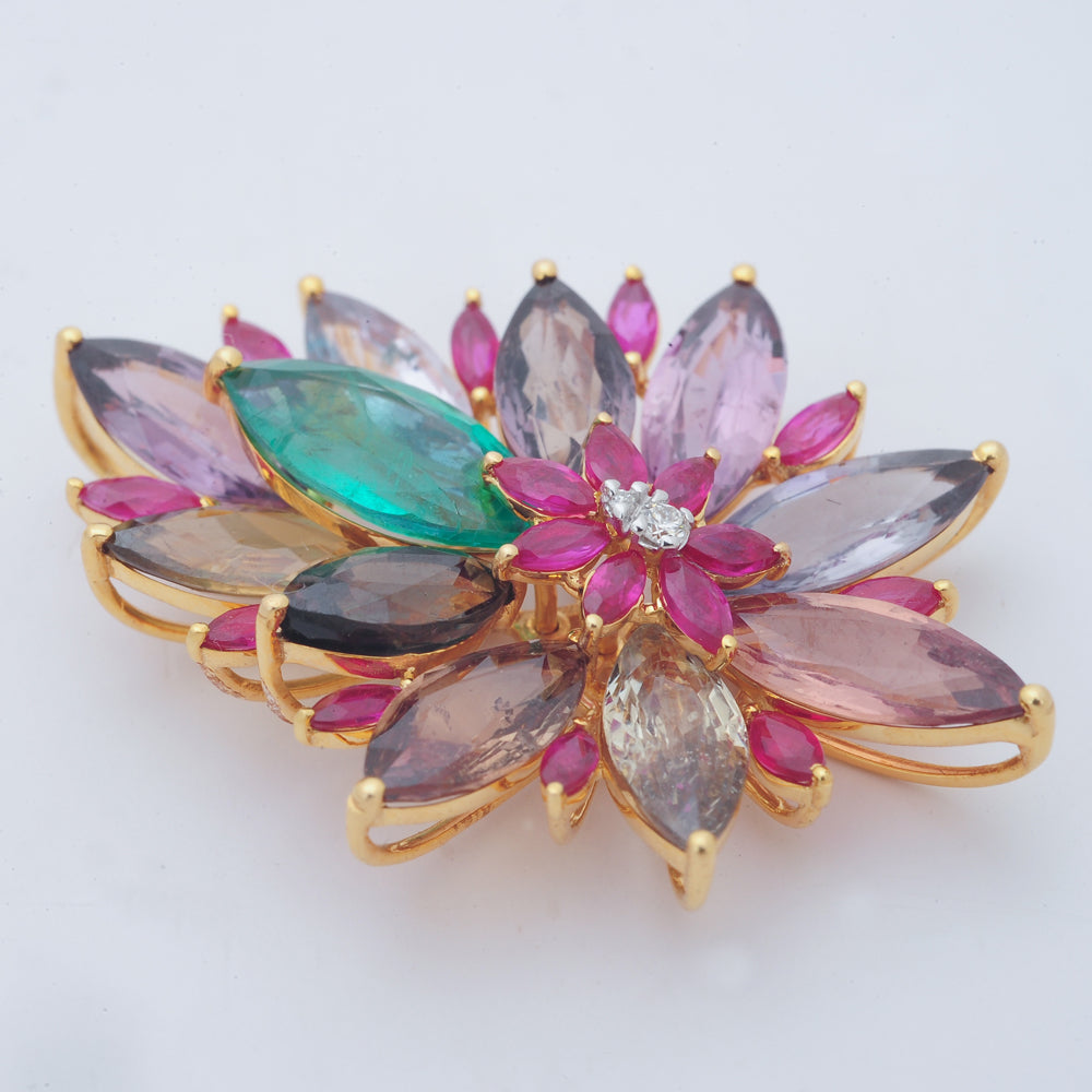 Diamond Pendant With Emeralds, Rubies And Sapphires in a Floral Design