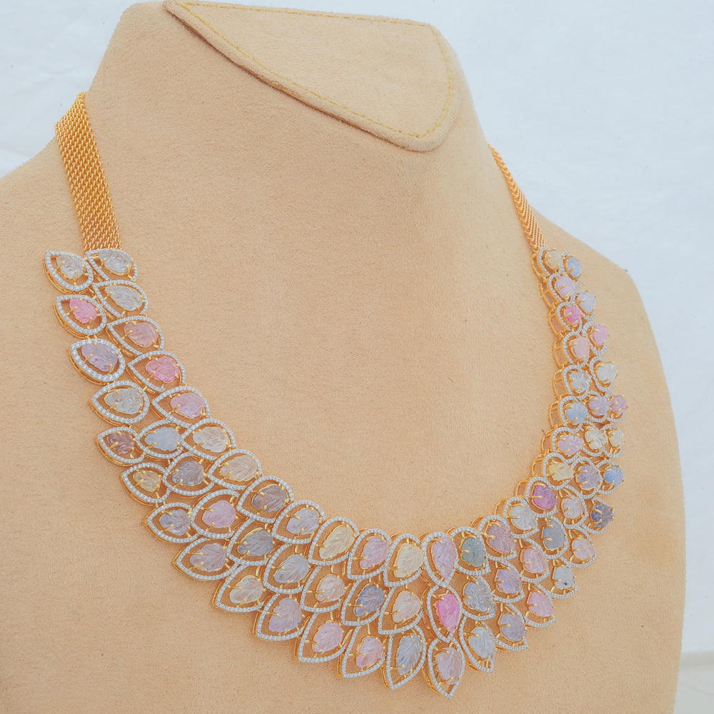 Diamond Necklace with Multicolor Sapphires and Diamond Accents With Earring Set