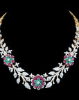 Diamond Necklace Set with Emeralds, Rubies and Flower Detailing With Earring