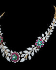 Diamond Necklace Set with Emeralds, Rubies and Flower Detailing With Earring