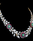 Diamond Necklace Set with Emeralds, Rubies and Flower Detailing With Earring
