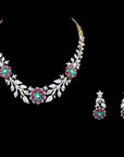 Diamond Necklace Set with Emeralds, Rubies and Flower Detailing With Earring