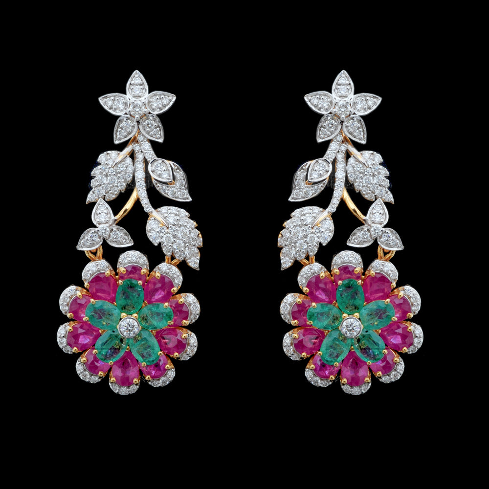 Diamond Necklace Set with Emeralds, Rubies and Flower Detailing With Earring