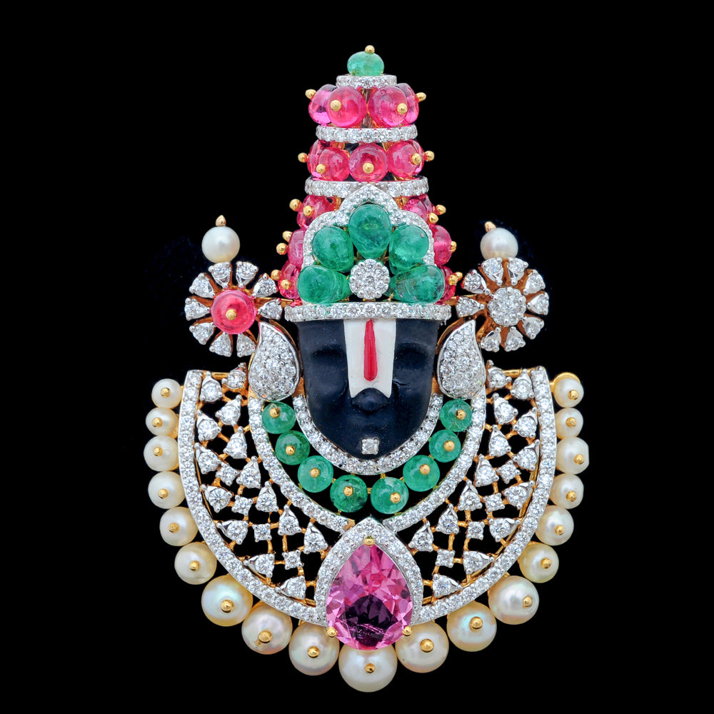 Diamond Balaji Pendant with Emeralds, Rubies, Sapphires, Tourmaline and Pearls