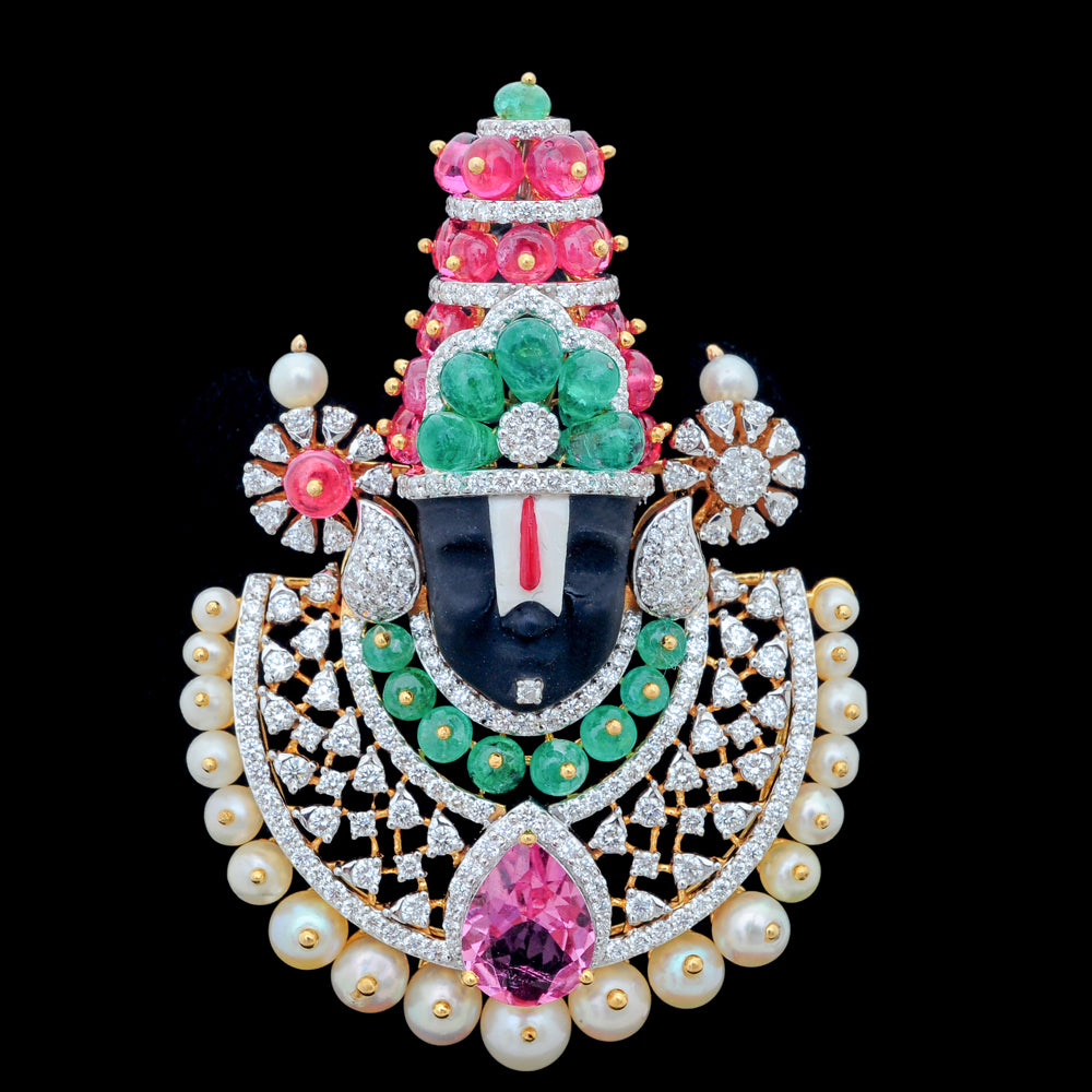 Diamond Balaji Pendant with Emeralds, Rubies, Sapphires, Tourmaline and Pearls