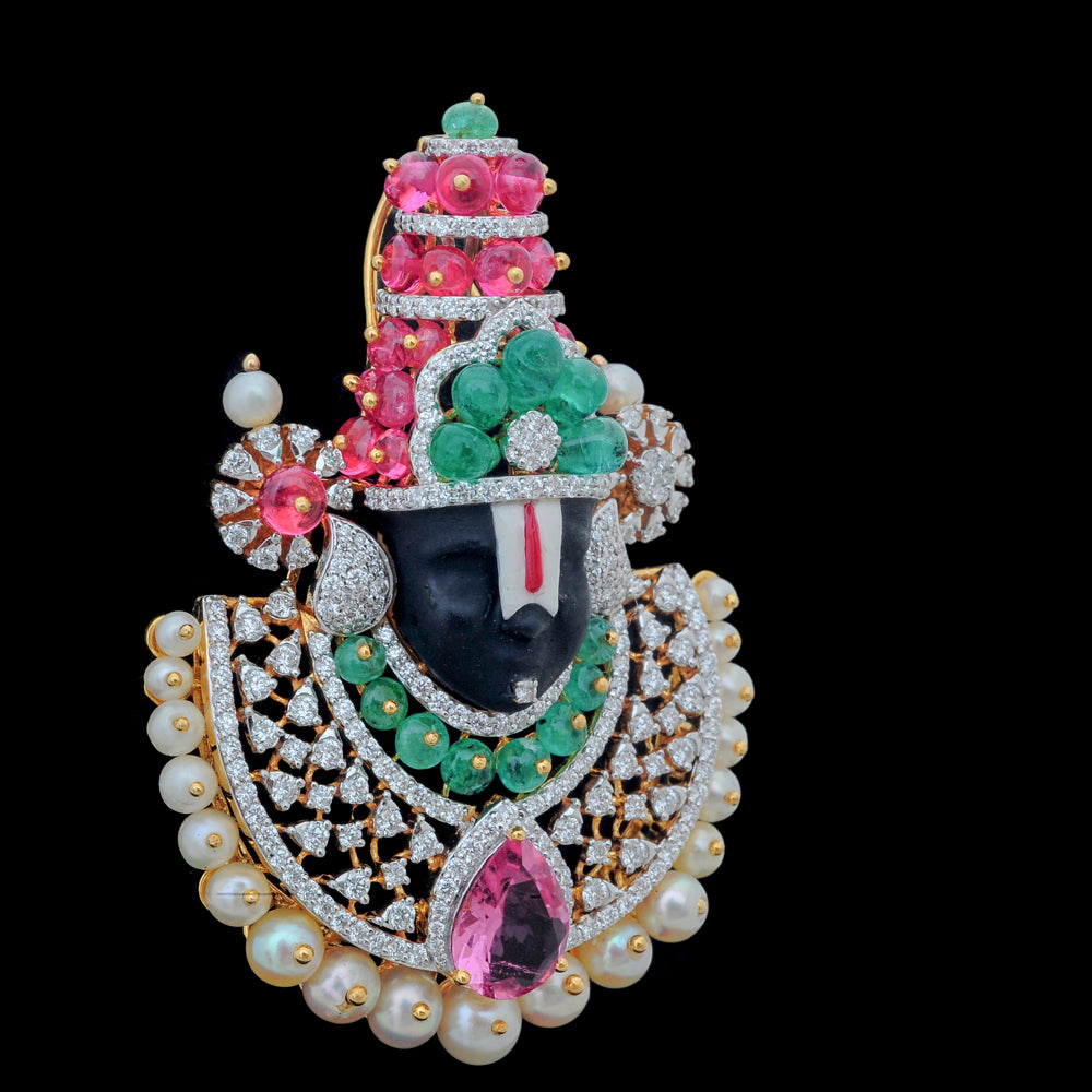Diamond Balaji Pendant with Emeralds, Rubies, Sapphires, Tourmaline and Pearls