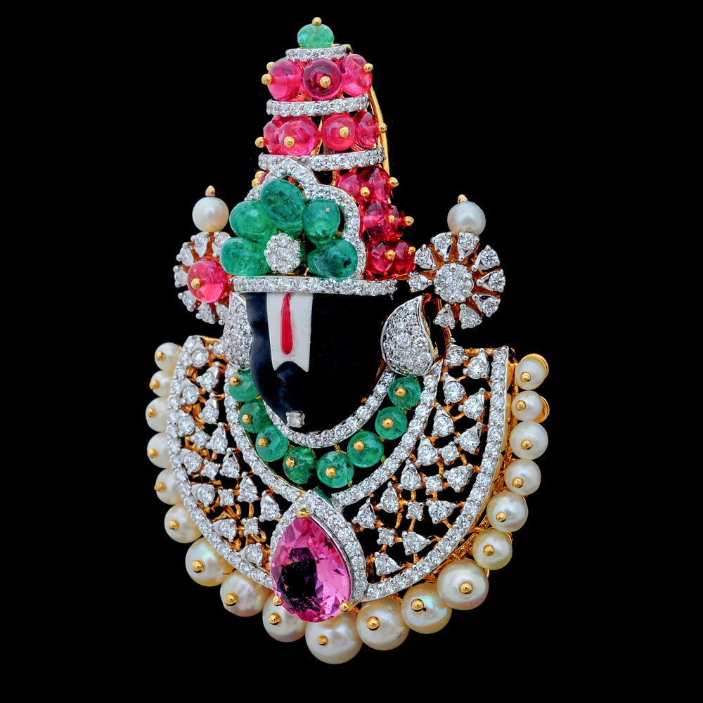 Diamond Balaji Pendant with Emeralds, Rubies, Sapphires, Tourmaline and Pearls
