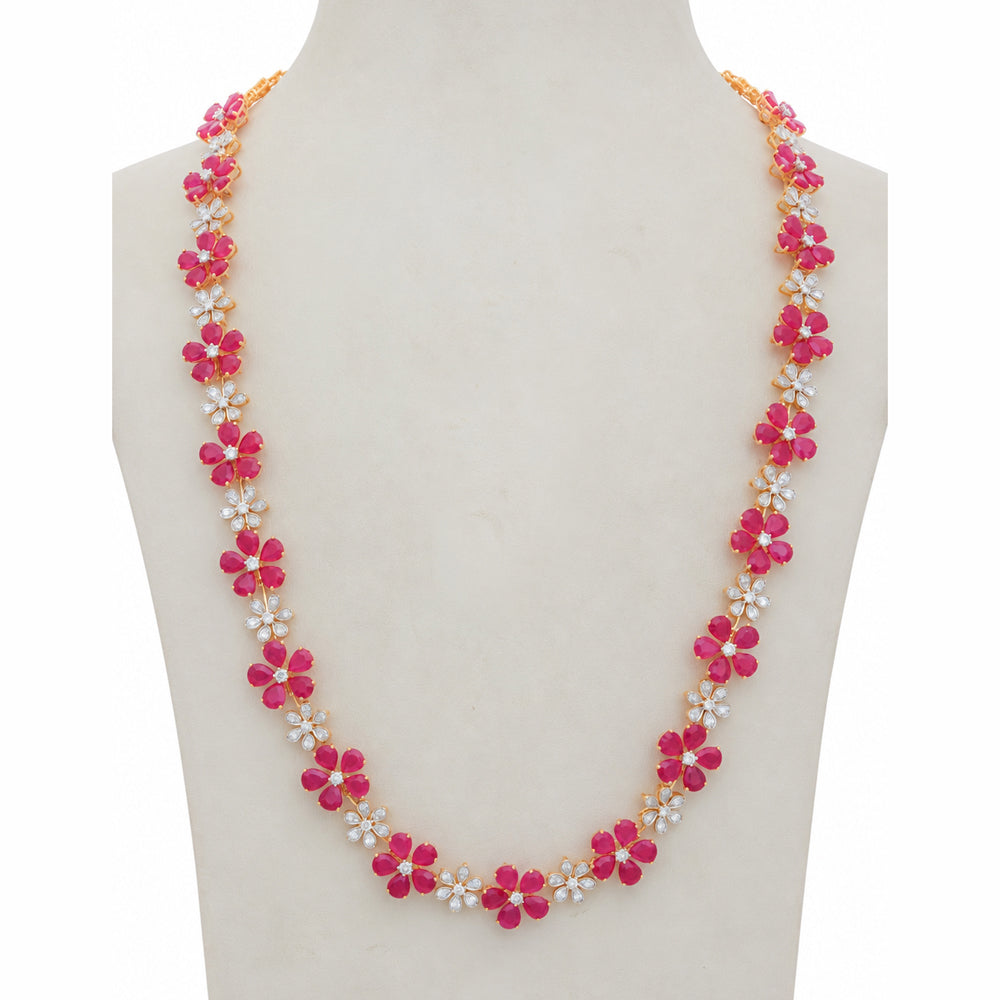 Diamond Necklace Set with Rubies and Flower Detailing With Earring