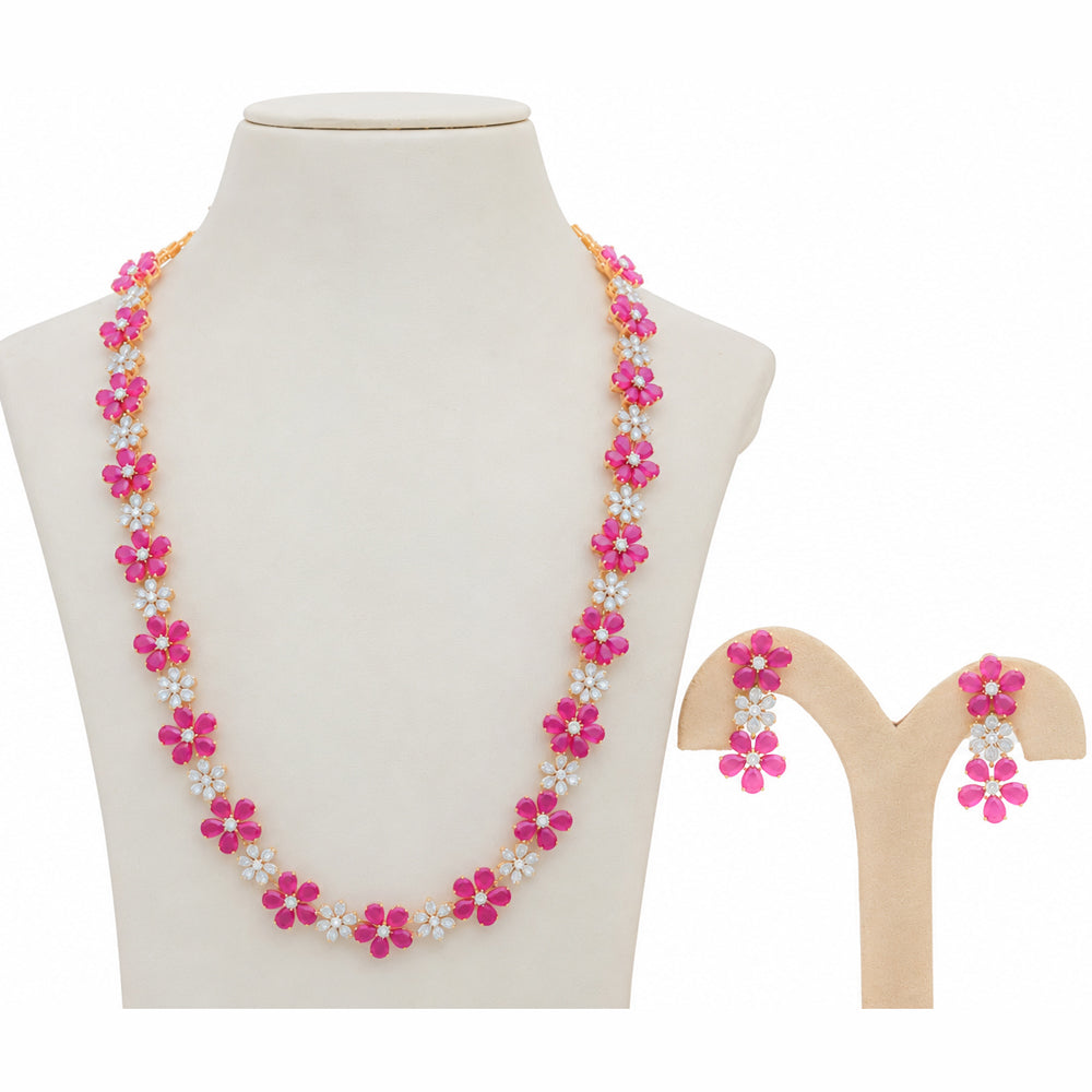 Diamond Necklace Set with Rubies and Flower Detailing With Earring