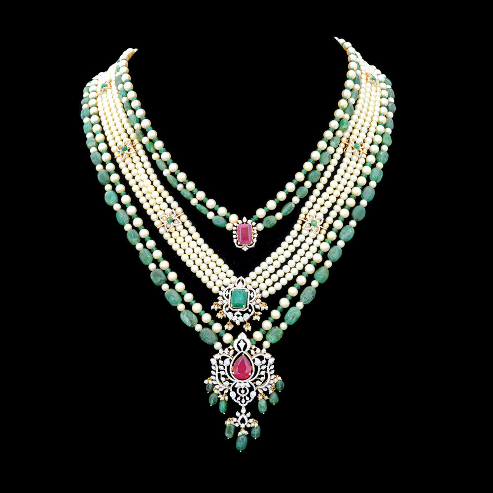 Diamond Necklace Set with Emeralds, Rubies and Layered Pearls With Earring (Copy)