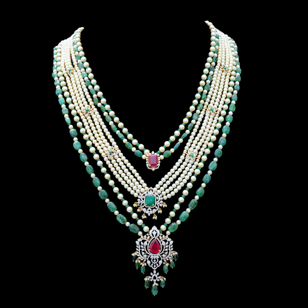 Diamond Necklace Set with Emeralds, Rubies and Layered Pearls With Earring (Copy)