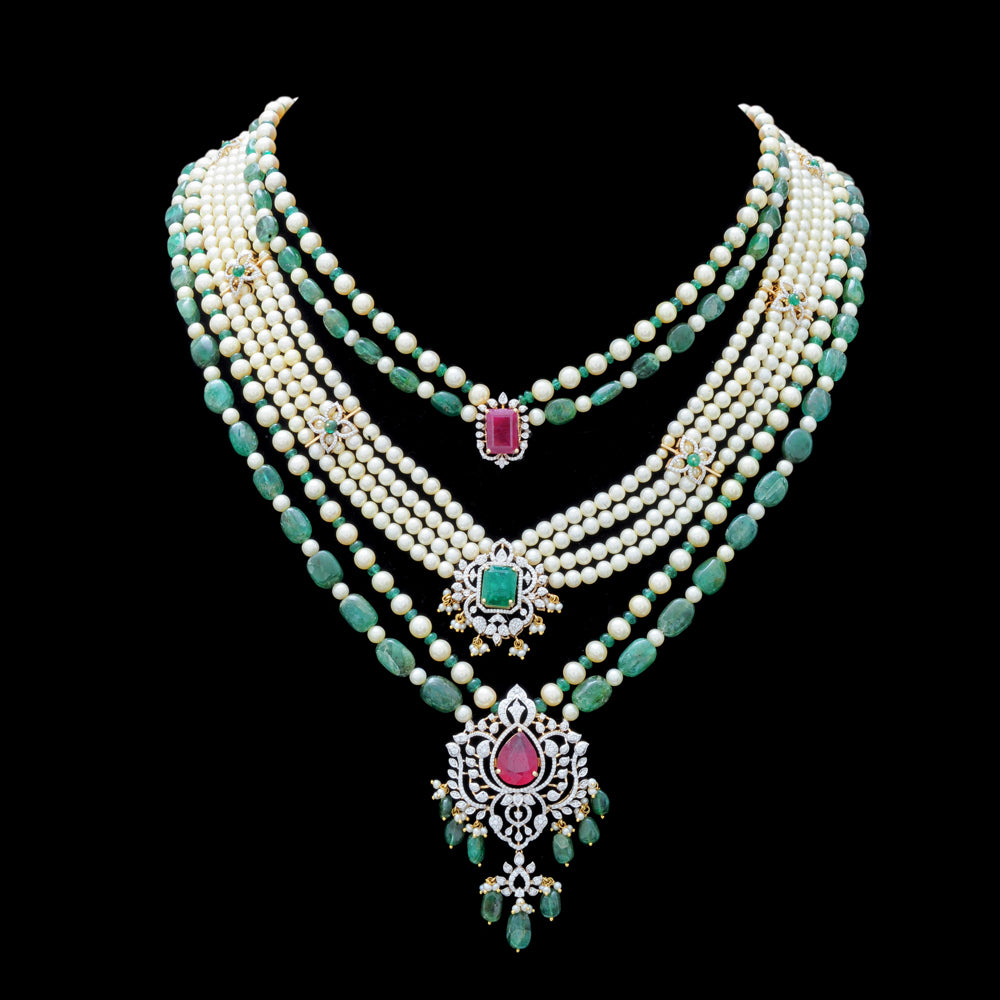 Diamond Necklace Set with Emeralds, Rubies and Layered Pearls With Earring (Copy)