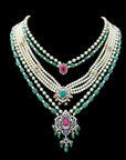 Diamond Necklace Set with Emeralds, Rubies and Layered Pearls With Earring (Copy)