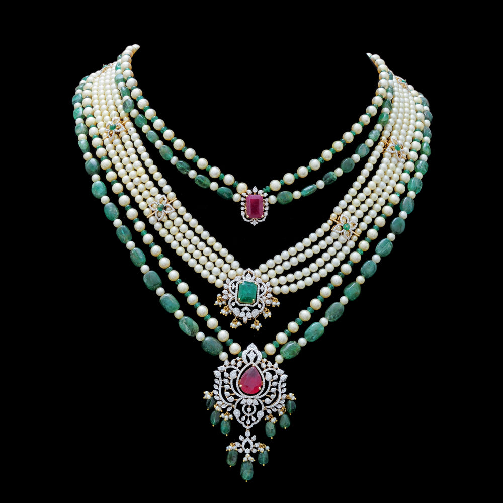 Diamond Necklace Set with Emeralds, Rubies and Layered Pearls With Earring (Copy)