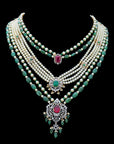 Diamond Necklace Set with Emeralds, Rubies and Layered Pearls With Earring (Copy)