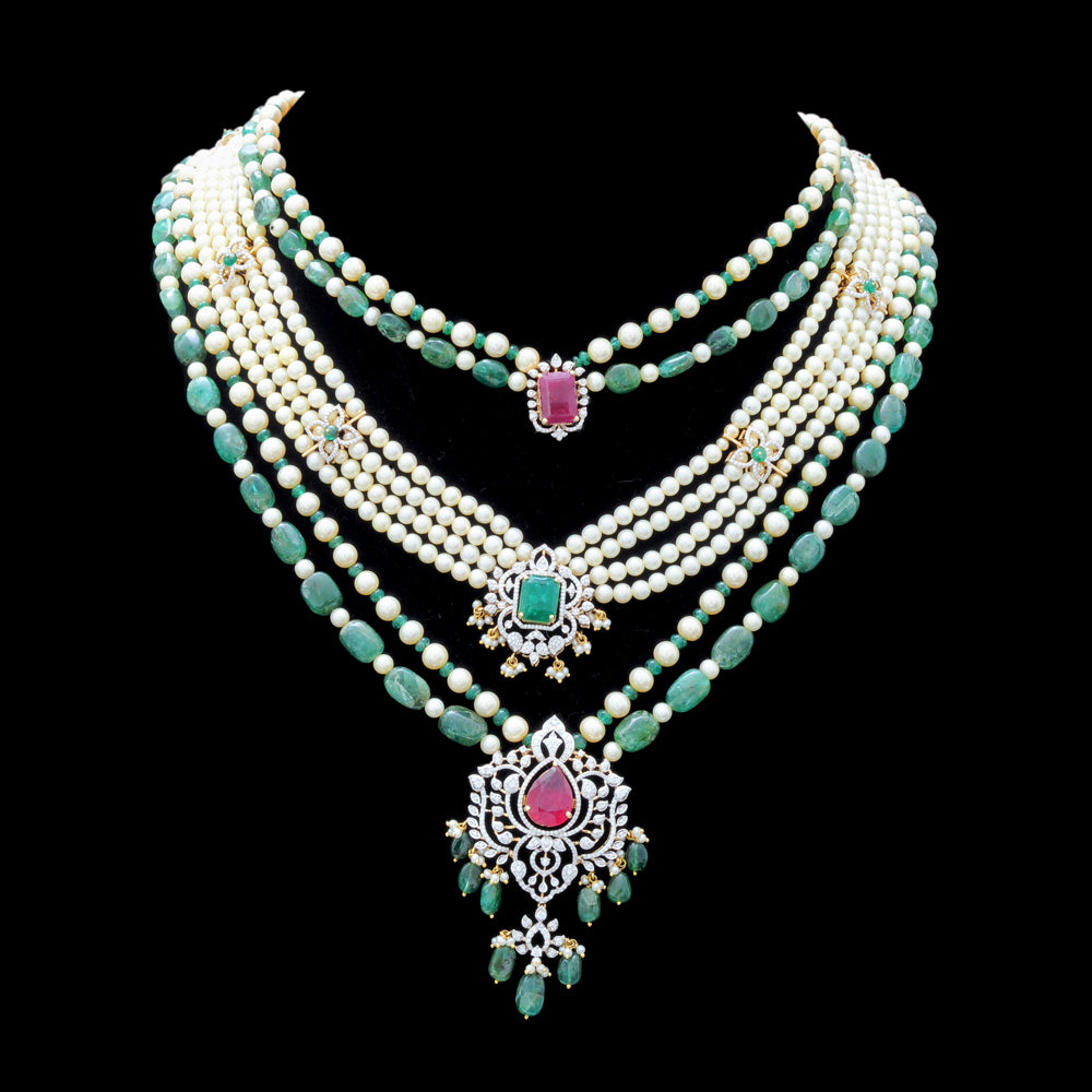 Diamond Necklace Set with Emeralds, Rubies and Layered Pearls With Earring (Copy)