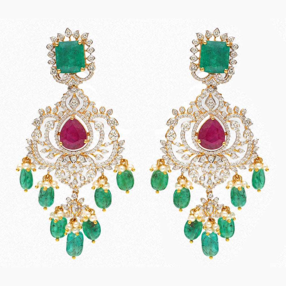 Diamond Necklace Set with Emeralds, Rubies and Layered Pearls With Earring (Copy)